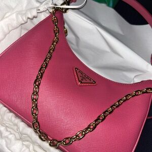 Prada Fuchsia Saffiano Leather Shoulder Bag with Gold Chain